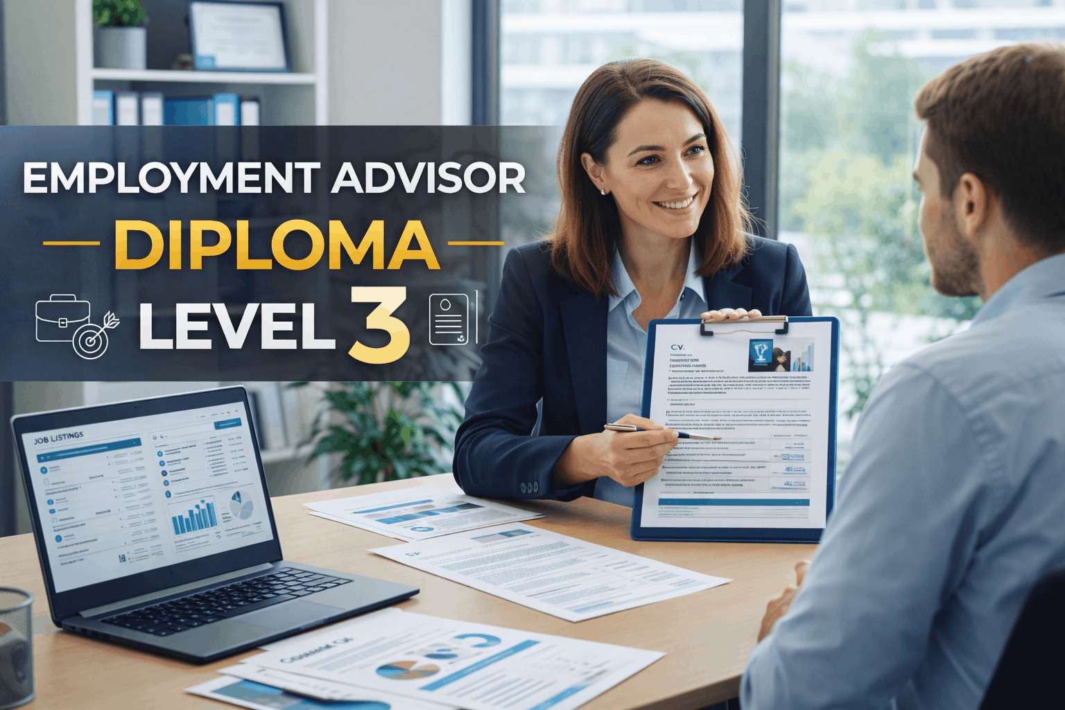 Employment advisor supporting a client in an office for an employment advisor diploma Level 3 course