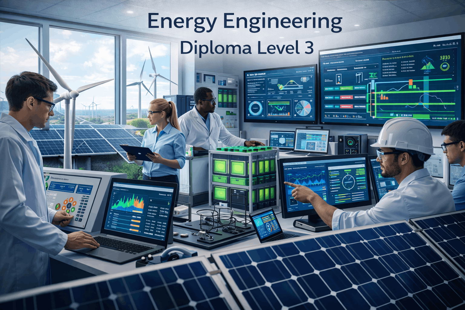 Energy engineers working with turbines and solar systems for the Energy Engineering Diploma Level 3