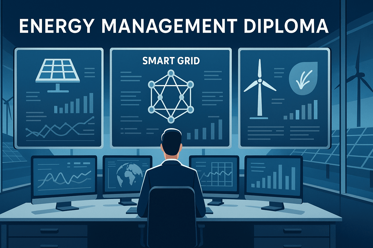 Energy management diploma visual featuring renewable systems, smart grids, data dashboards, and sustainable energy technology.