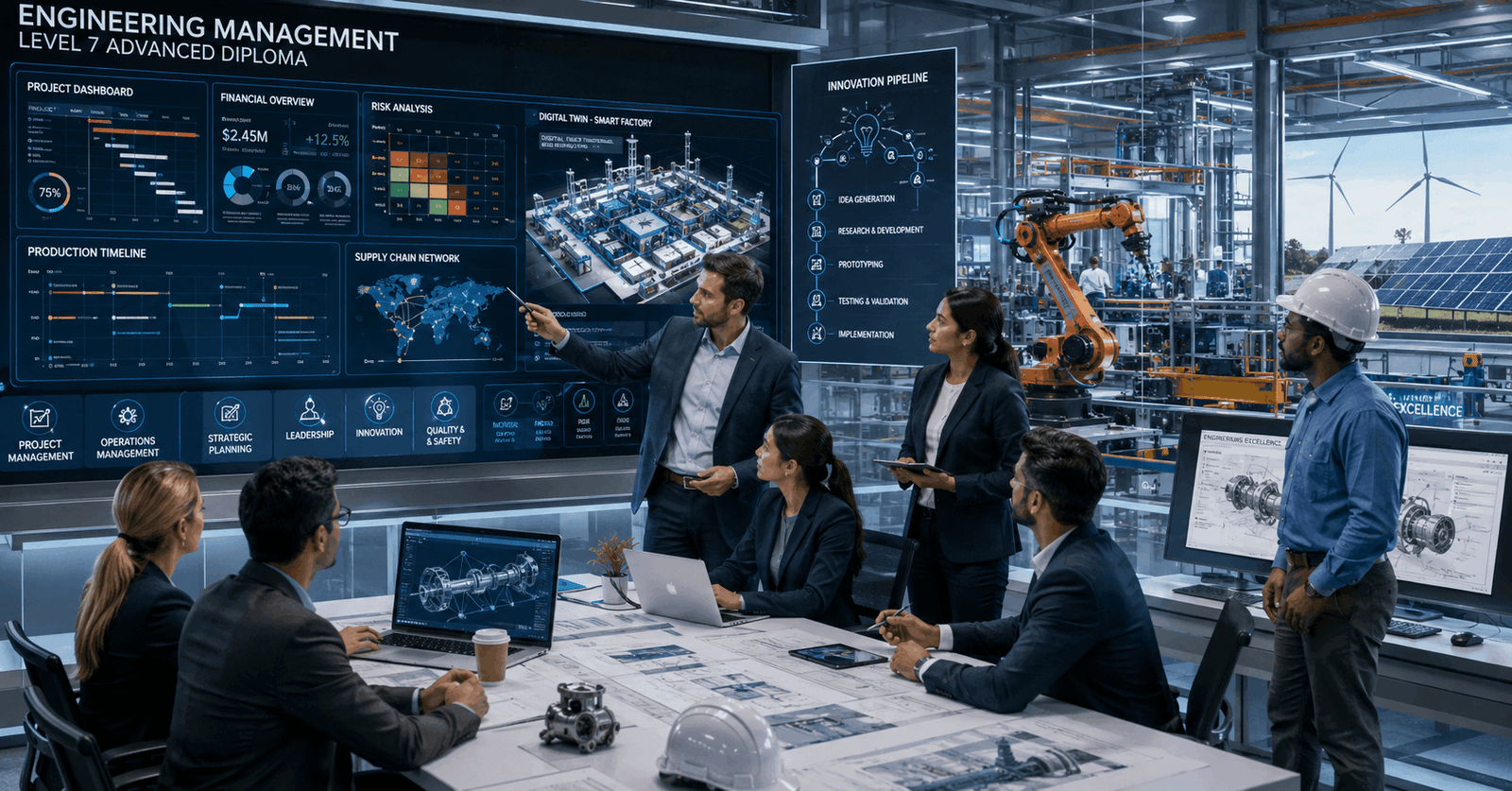 Engineering Management Diploma students managing engineering projects in a modern industrial environment