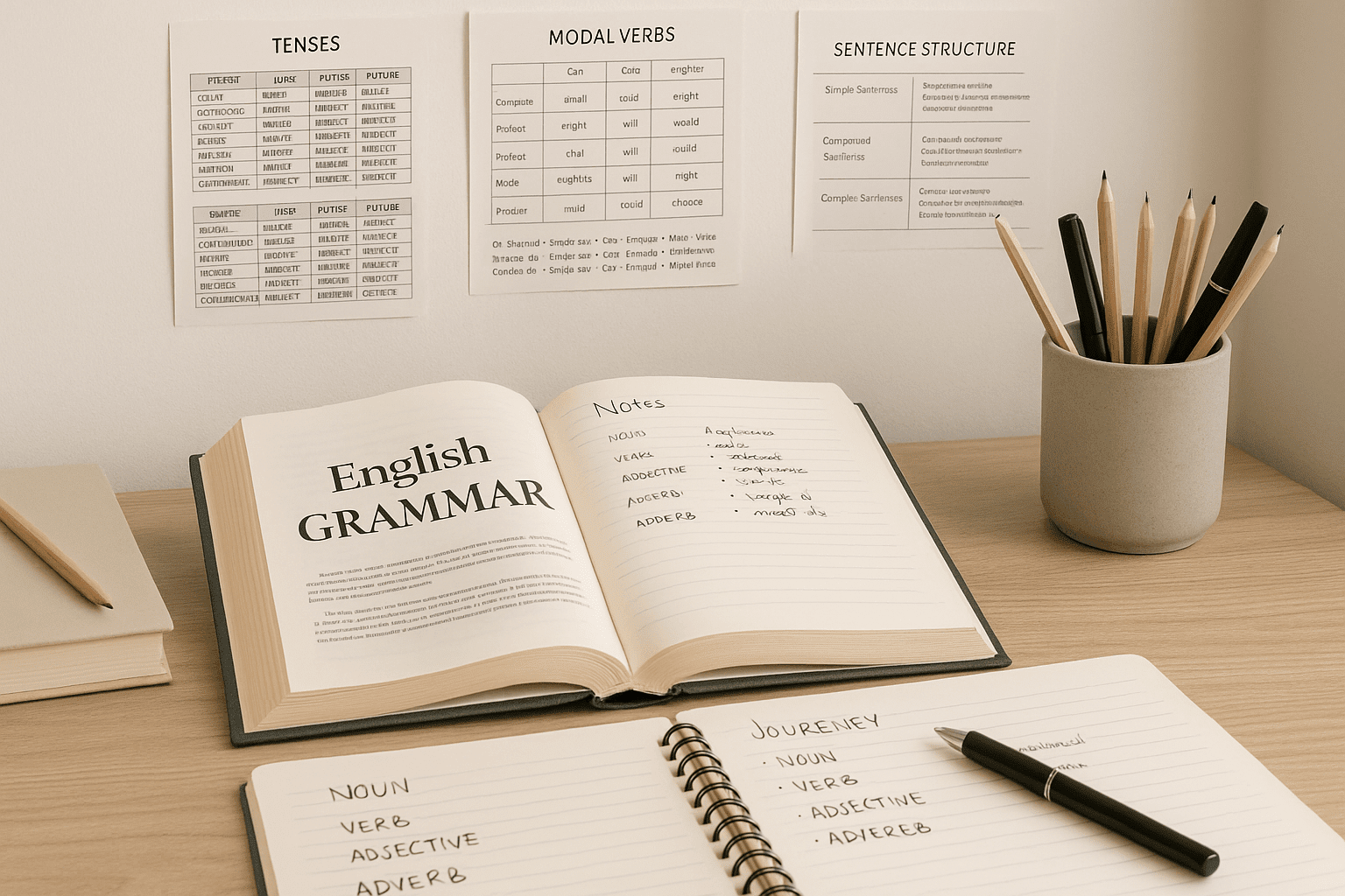 English grammar mastery banner showing books, notes, and grammar charts in a clean study space.