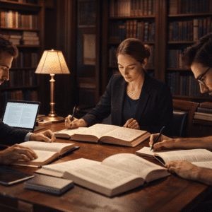 English literature diploma showing scholars analysing classic texts, manuscripts, and literary theory in an academic study setting