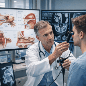 ENT advanced diploma training showing clinical examination of ear, nose, and throat in a modern hospital setting