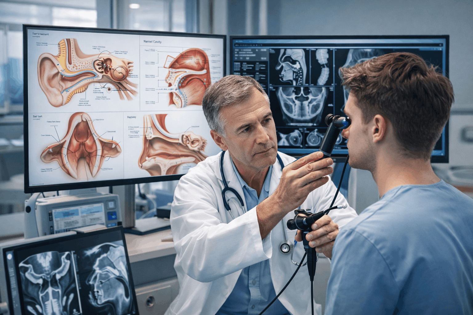 ENT advanced diploma training showing clinical examination of ear, nose, and throat in a modern hospital setting