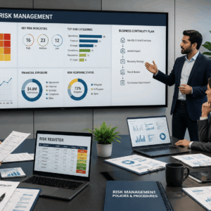 Professionals analysing risk dashboards in enterprise risk management course training environment