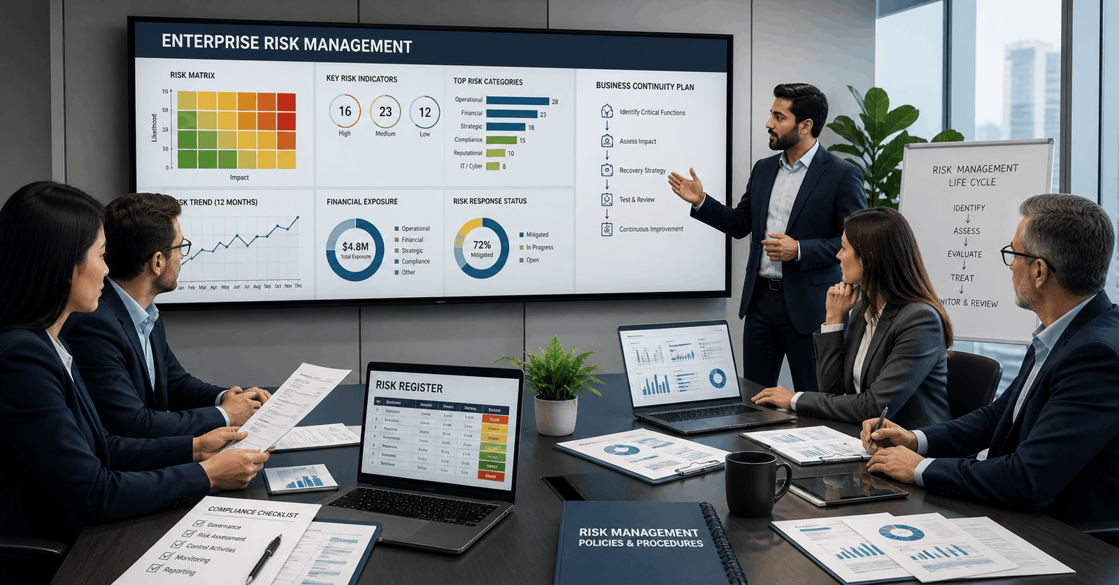 Professionals analysing risk dashboards in enterprise risk management course training environment