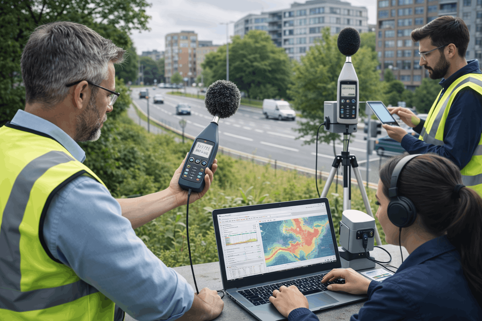 Environmental Acoustics Diploma training showing sound measurement, noise mapping and environmental monitoring equipment