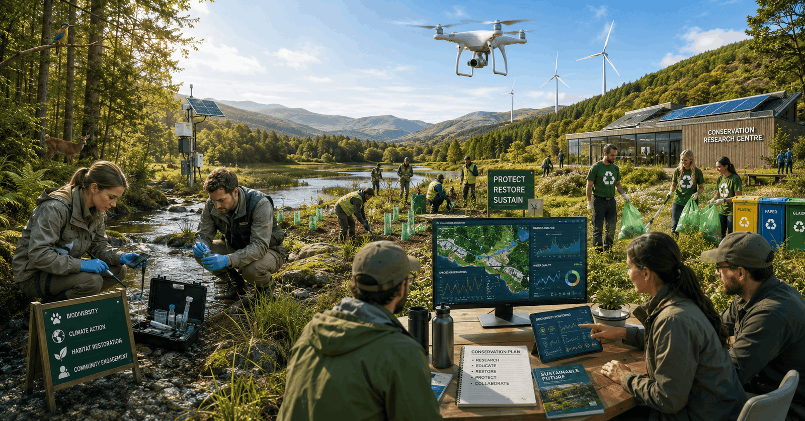 Students and conservation professionals conducting fieldwork in an Environmental Conservation Diploma programme