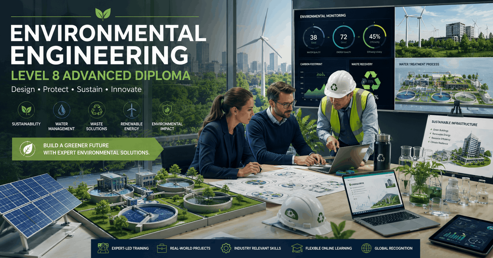 Environmental Engineering Diploma professionals analysing sustainable energy and environmental systems