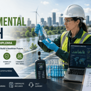 Environmental health professional inspecting air, water, and workplace safety in an Environmental Health Course setting