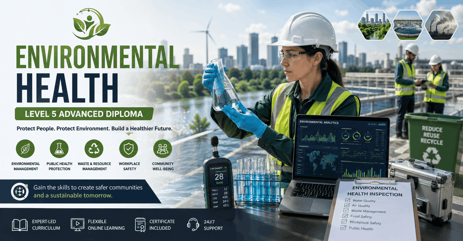 Environmental health professional inspecting air, water, and workplace safety in an Environmental Health Course setting