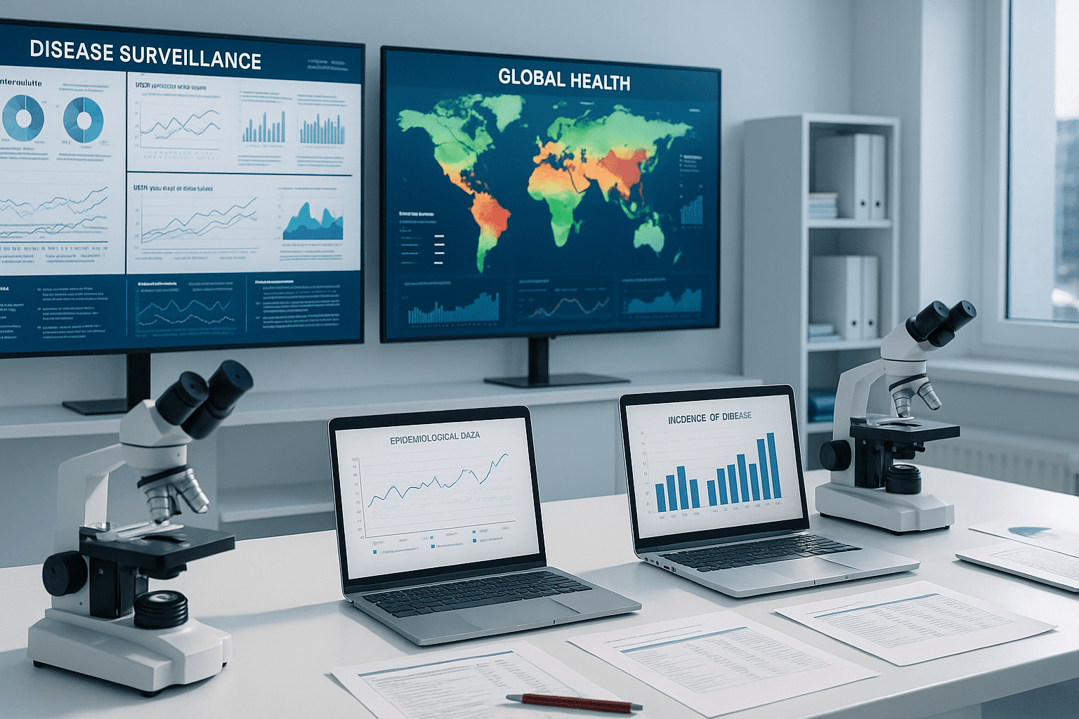 Epidemiology diploma workspace showing data charts, disease maps, researchers, and public health analysis tools.