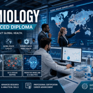 Epidemiology Diploma training with public health data analysis and disease research visuals