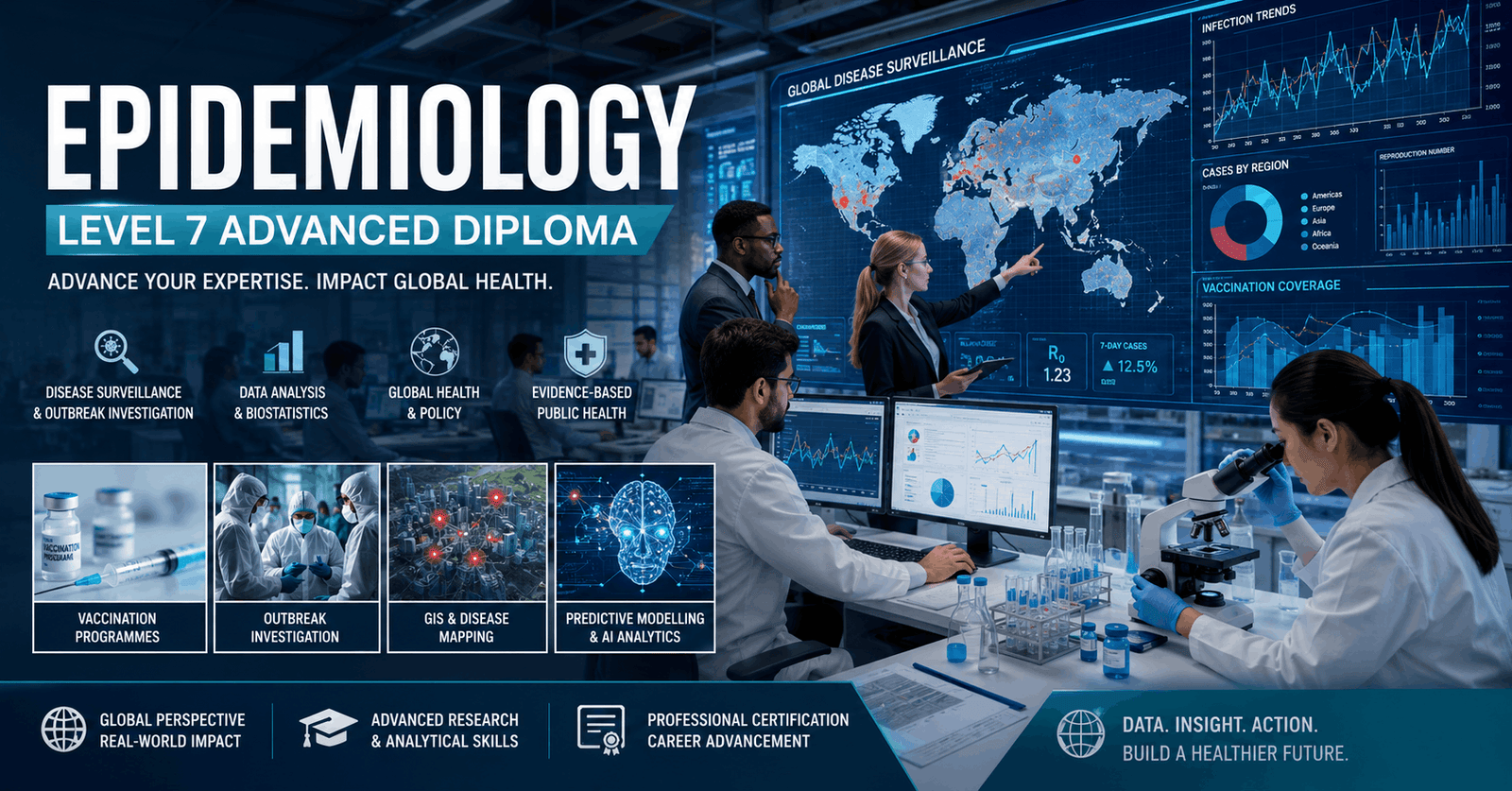Epidemiology Diploma training with public health data analysis and disease research visuals