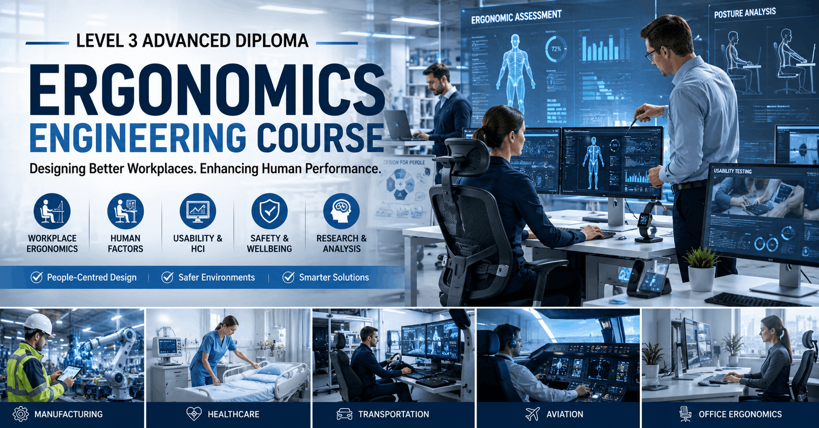 Professional engineers analysing workplace ergonomics in an Ergonomics Engineering Course environment