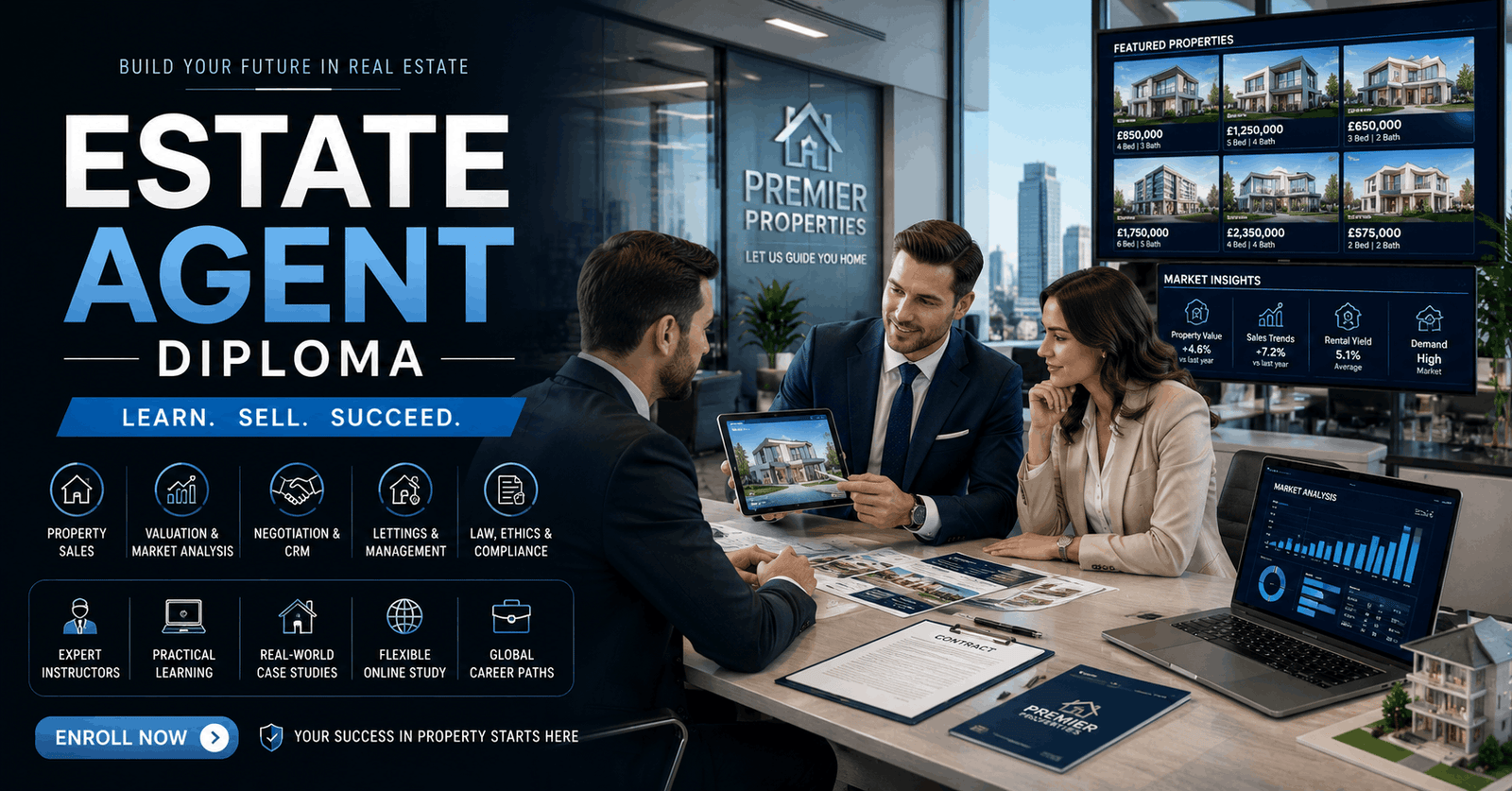 Professional estate agents discussing property sales in an Estate Agent Diploma course