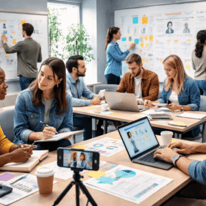 Students conducting ethnographic research through interviews and observation in a modern learning environment