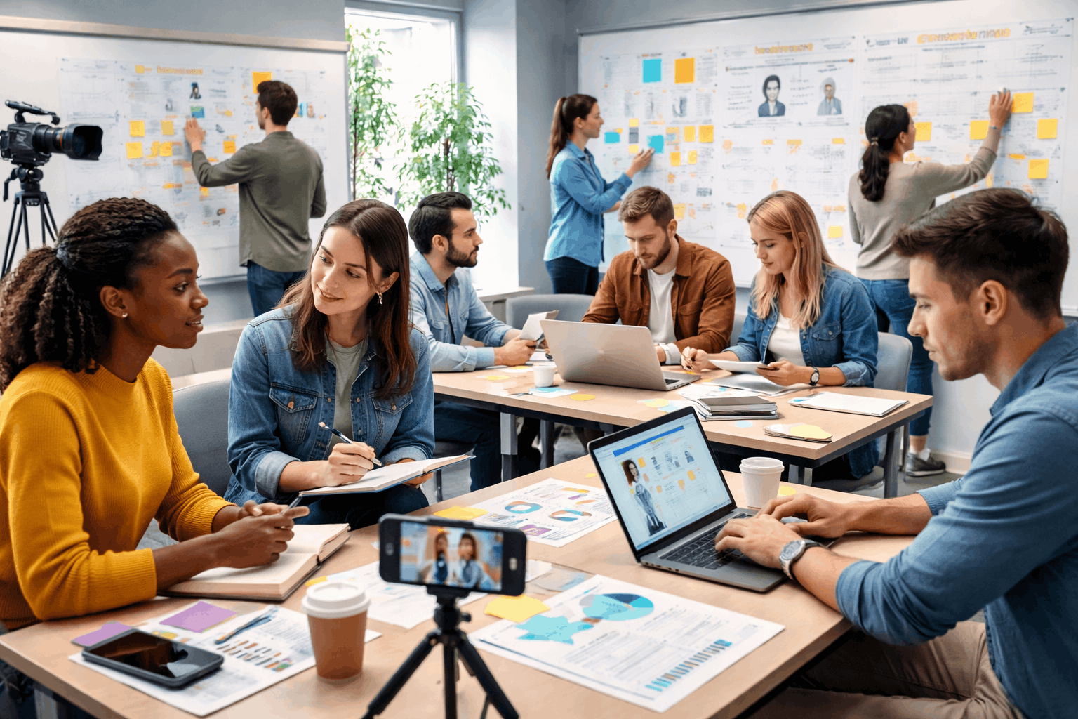 Students conducting ethnographic research through interviews and observation in a modern learning environment