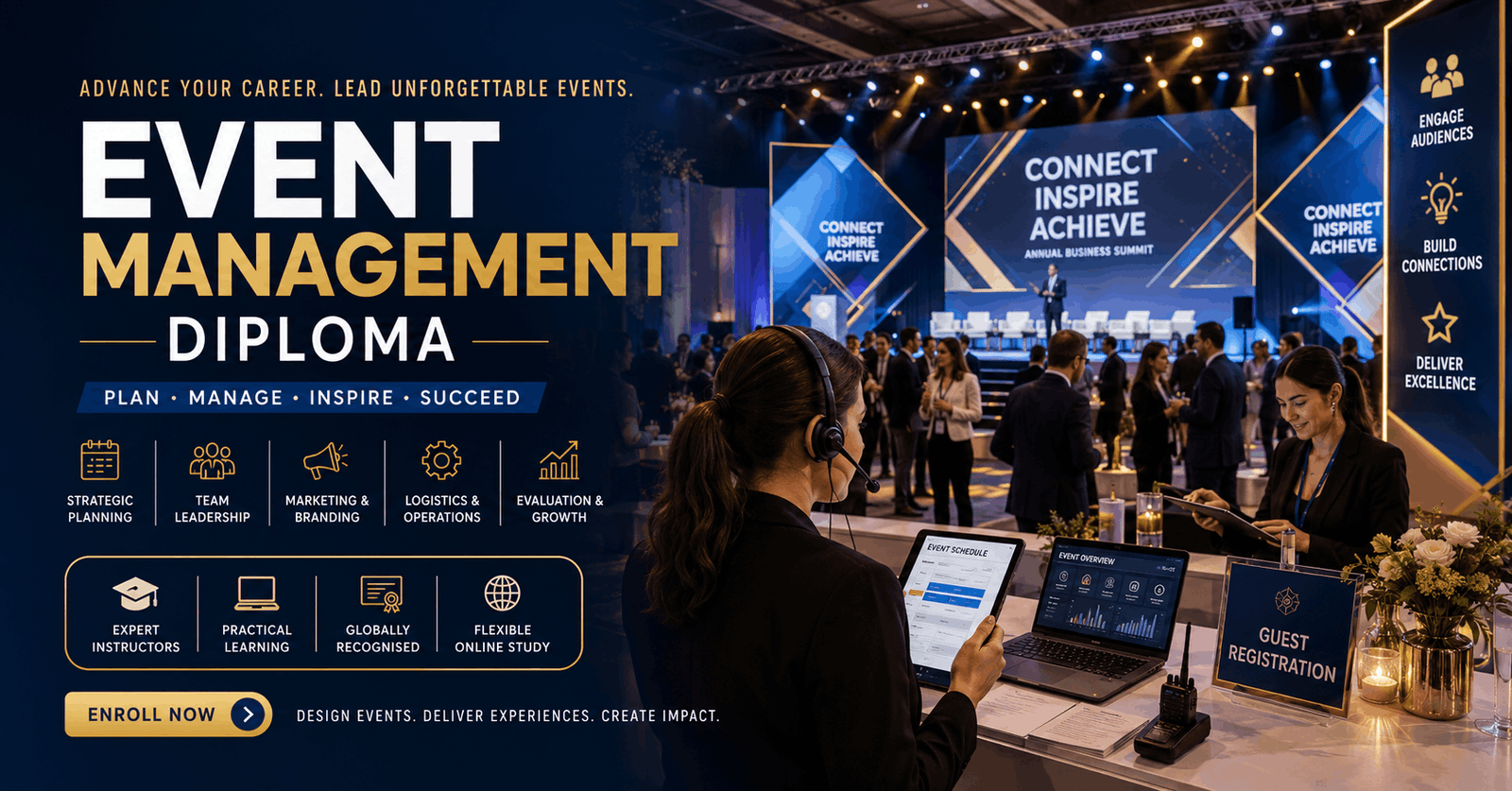 Professional team organising a large conference for an Event Management Diploma course