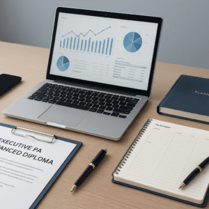 Executive PA diploma workspace with laptop, documents, planner, and modern office tools.