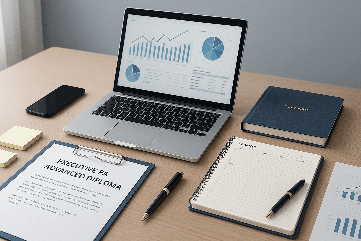 Executive PA diploma workspace with laptop, documents, planner, and modern office tools.
