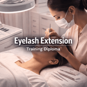 Eyelash extension training showing lash application, tweezers, beauty tools and professional client treatment