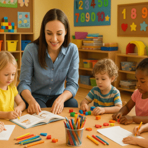 Teacher guiding young children during EYFS activities in a colourful early years classroom.
