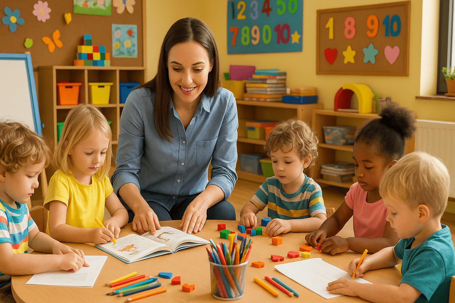 Teacher guiding young children during EYFS activities in a colourful early years classroom.