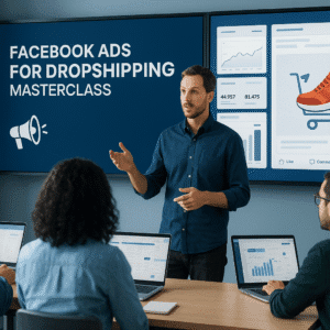 Instructor teaching Facebook Ads for Dropshipping with data dashboards and e-commerce visuals