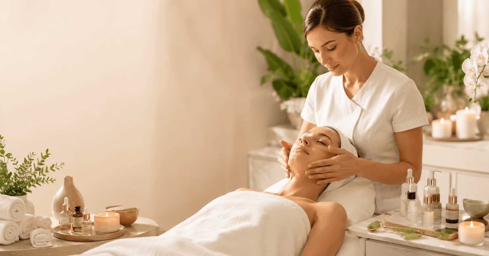 Professional therapist performing facial massage during Facial Massage Course training session