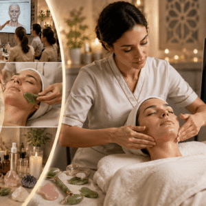 Professional facial therapist performing advanced Facial Massage Diploma treatment in luxury spa setting