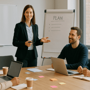 Professional workshop scene with facilitator guiding a group, showcasing facilitation skills at an advanced level.