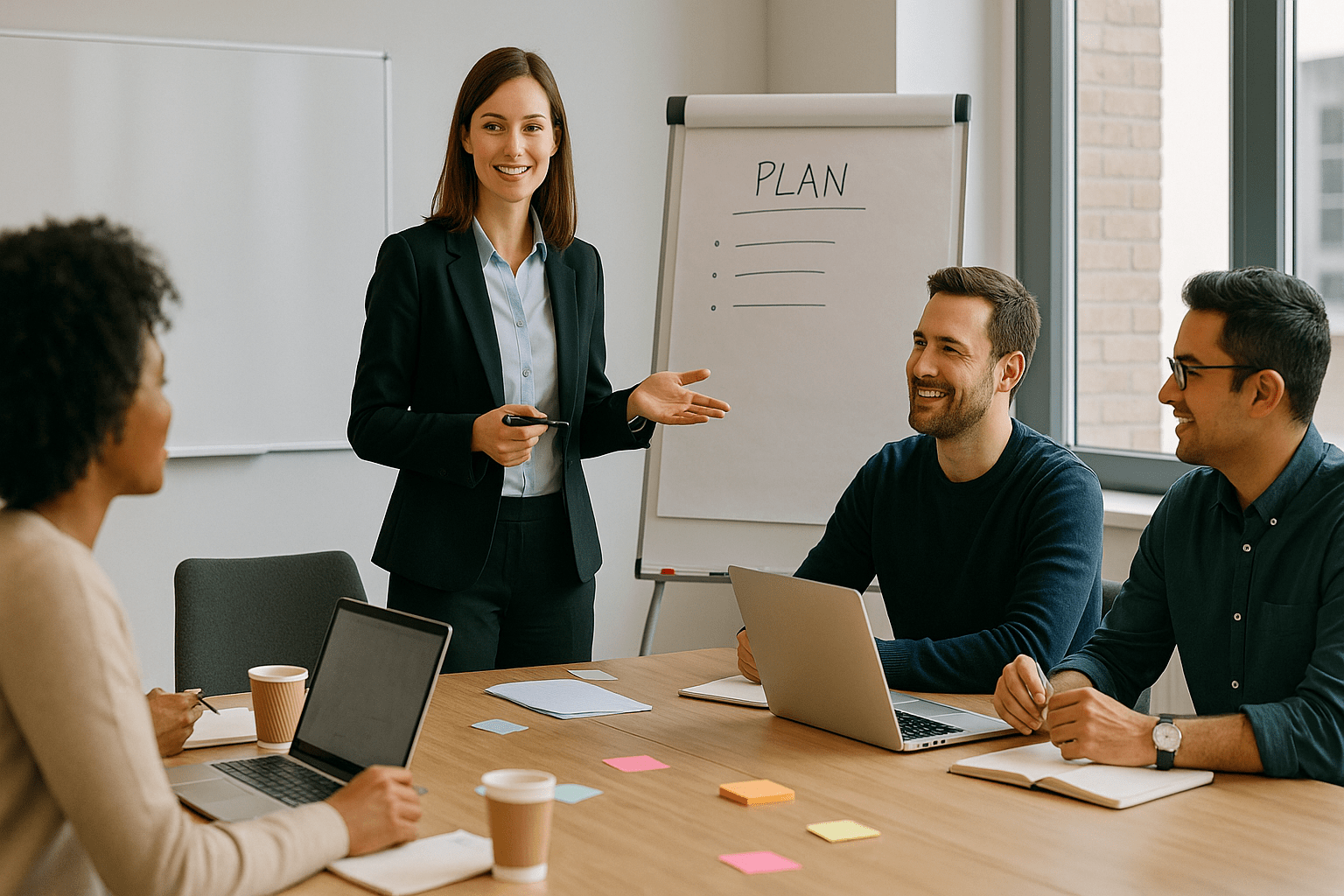 Professional workshop scene with facilitator guiding a group, showcasing facilitation skills at an advanced level.