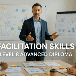 Facilitation skills diploma banner showing a modern training room, group planning tools, and a facilitator leading discussion.