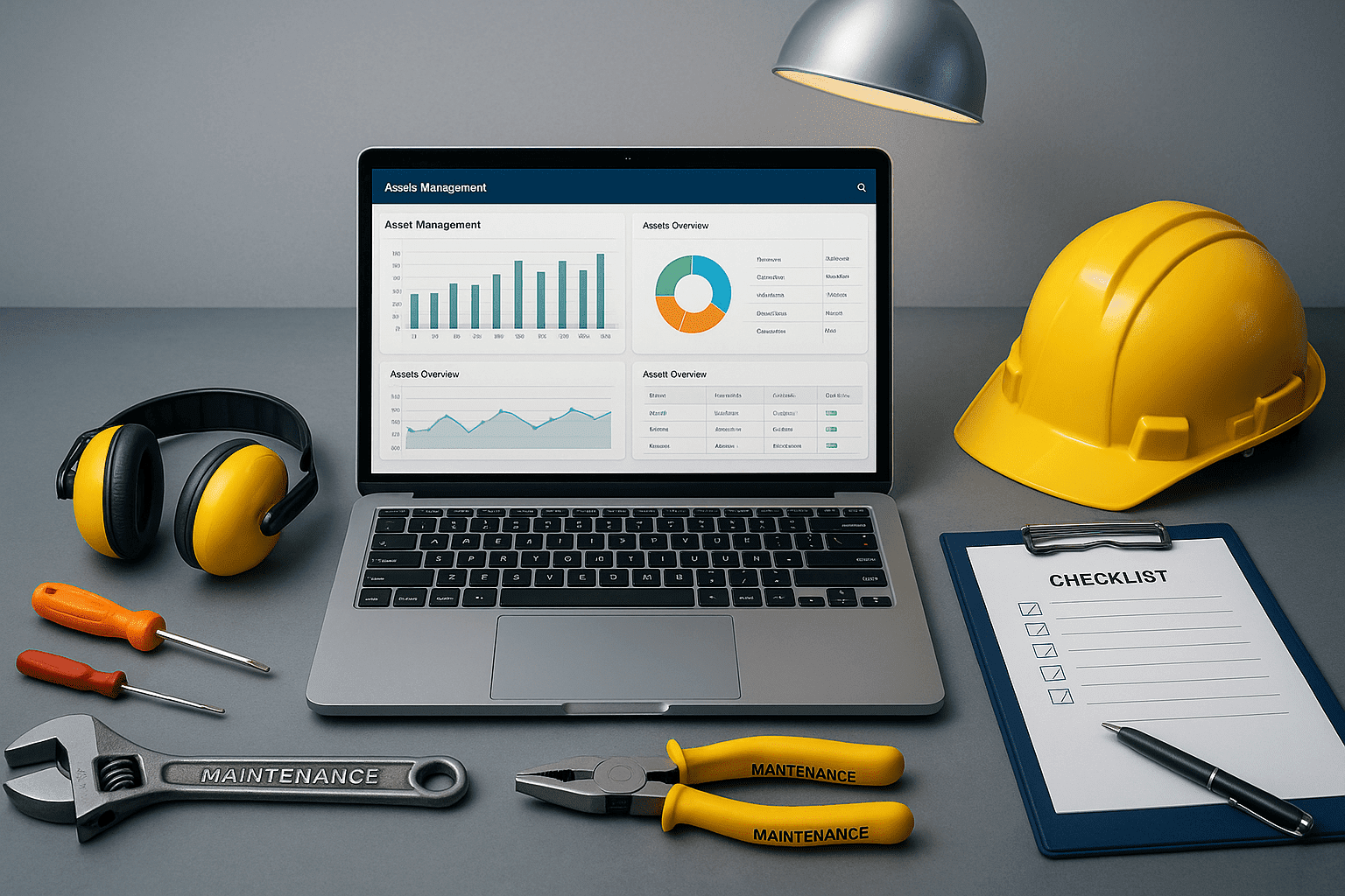 Professional facilities maintenance workspace with tools, digital dashboard and equipment for Level 3 learning.