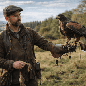 Falconry diploma Level 3 training showing an experienced falconer handling a trained raptor in a natural field setting