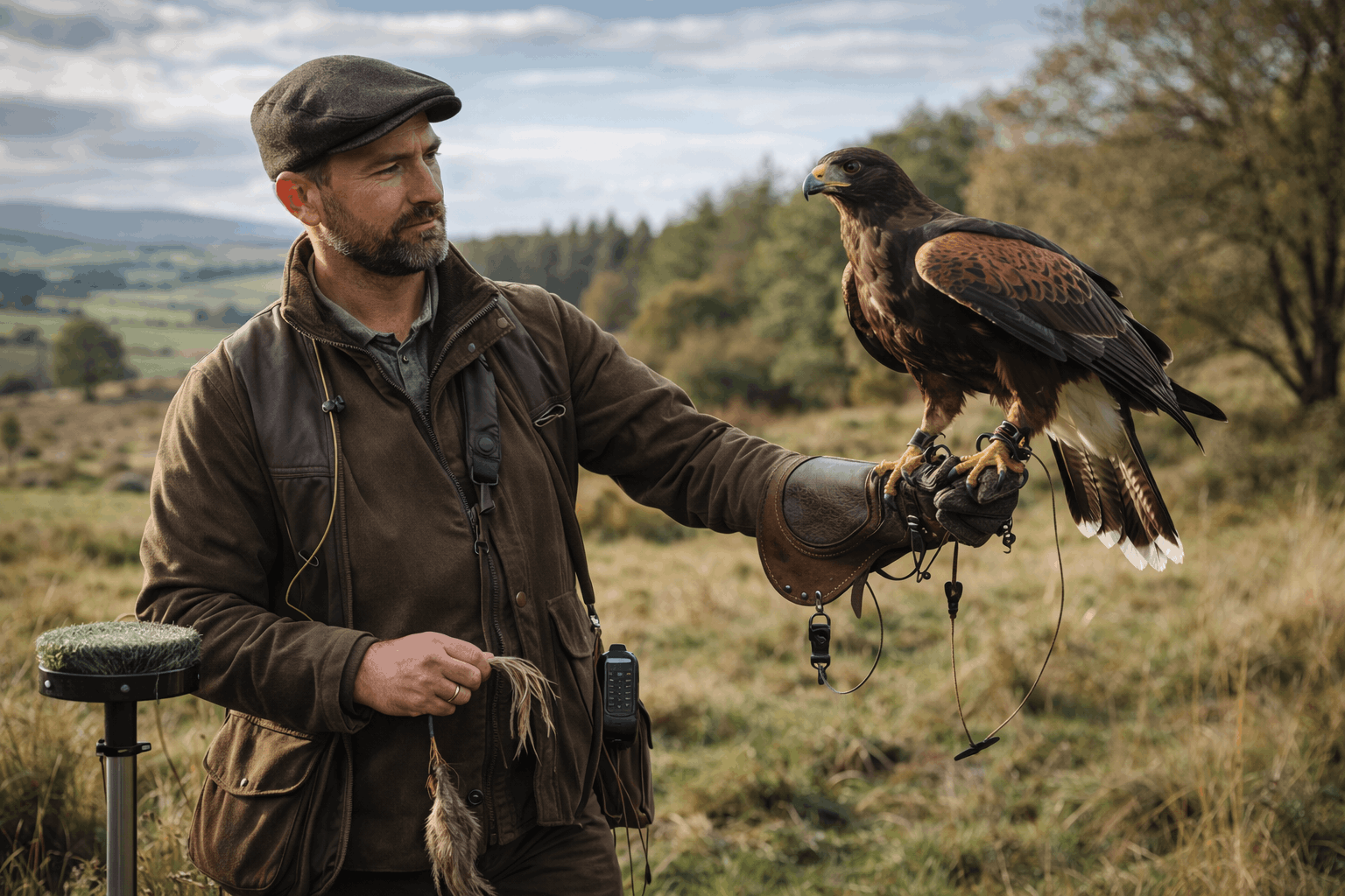 Falconry diploma Level 3 training showing an experienced falconer handling a trained raptor in a natural field setting