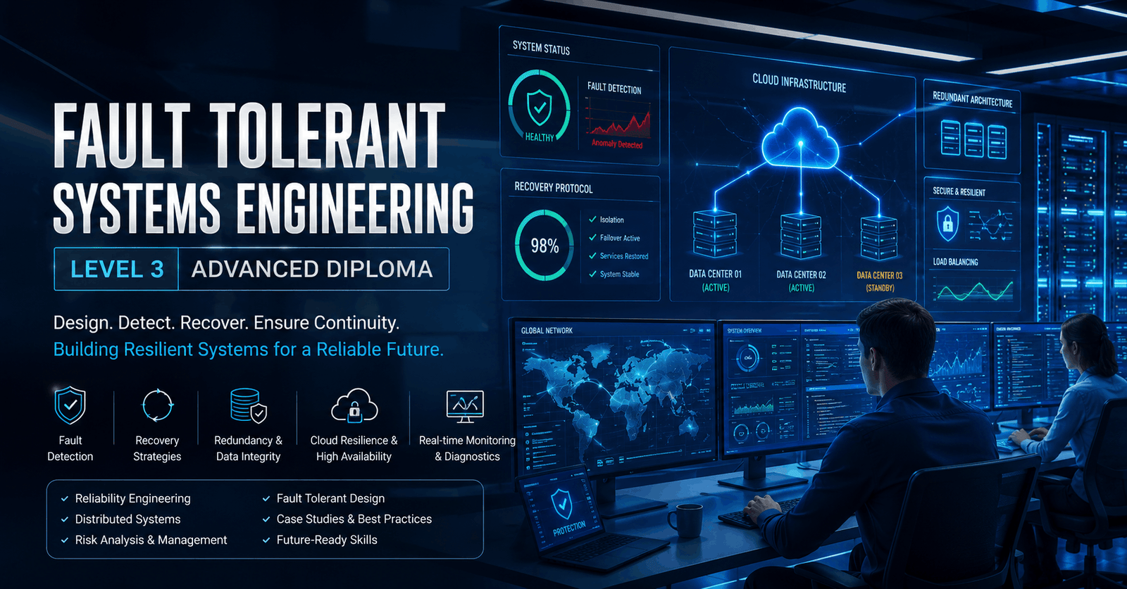 Engineers monitoring resilient network infrastructure in a fault tolerant systems engineering environment