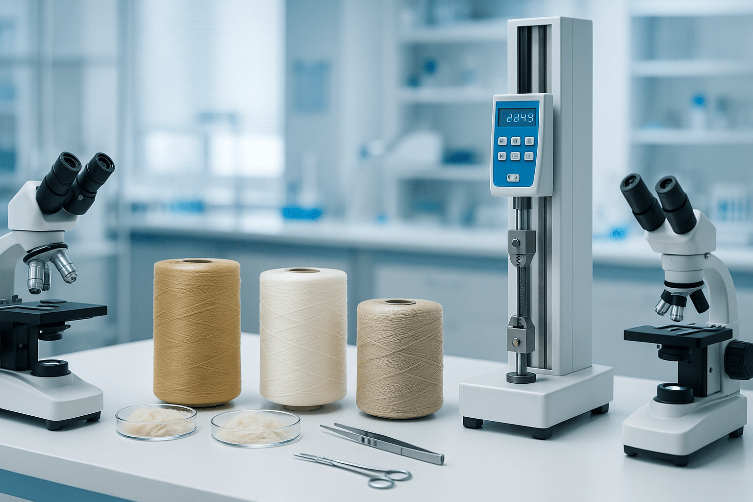 Fiber science technology course image showing lab tools, fibers, microscopes, and testing equipment in a clean research setting.