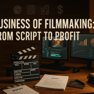 Film business course banner showing cameras, script pages, editing tools, and UK filmmaking elements in a modern studio setup.