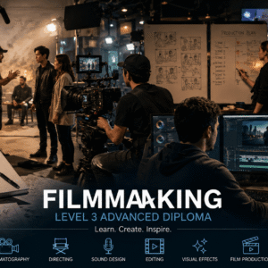 Filmmaking Diploma students working on a professional film production set with cameras and lighting