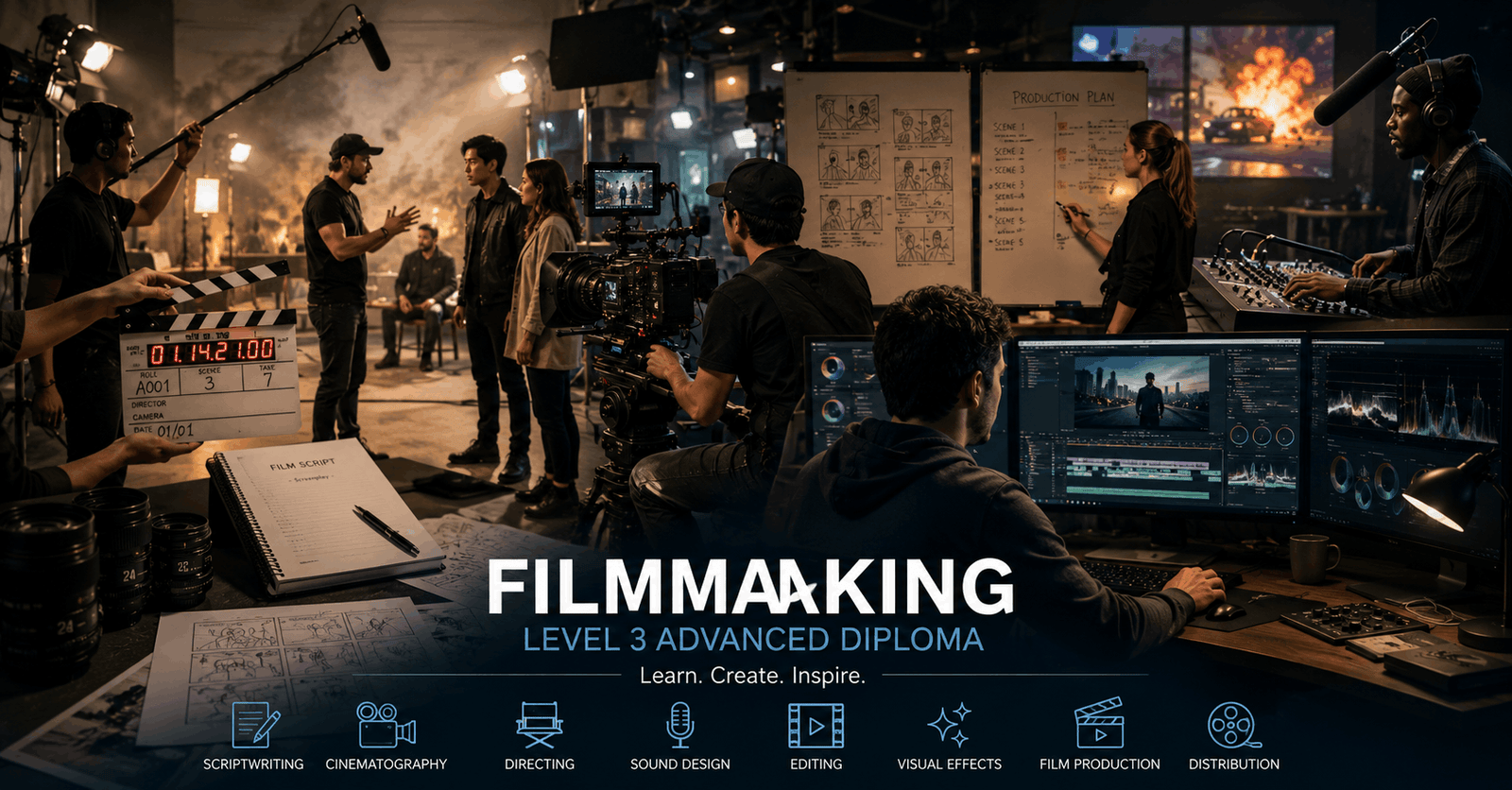 Filmmaking Diploma students working on a professional film production set with cameras and lighting