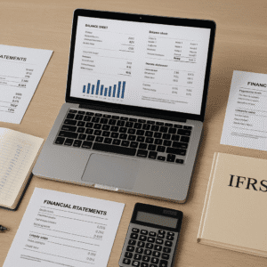 Financial Accounting Diploma Level 3 workspace with ledgers, statements, ratio sheets and UK-style accounting tools.