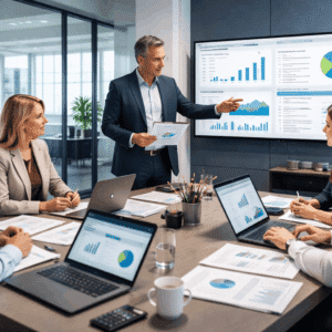 Professionals studying financial controller course skills using financial reports, dashboards and compliance tools in a modern office