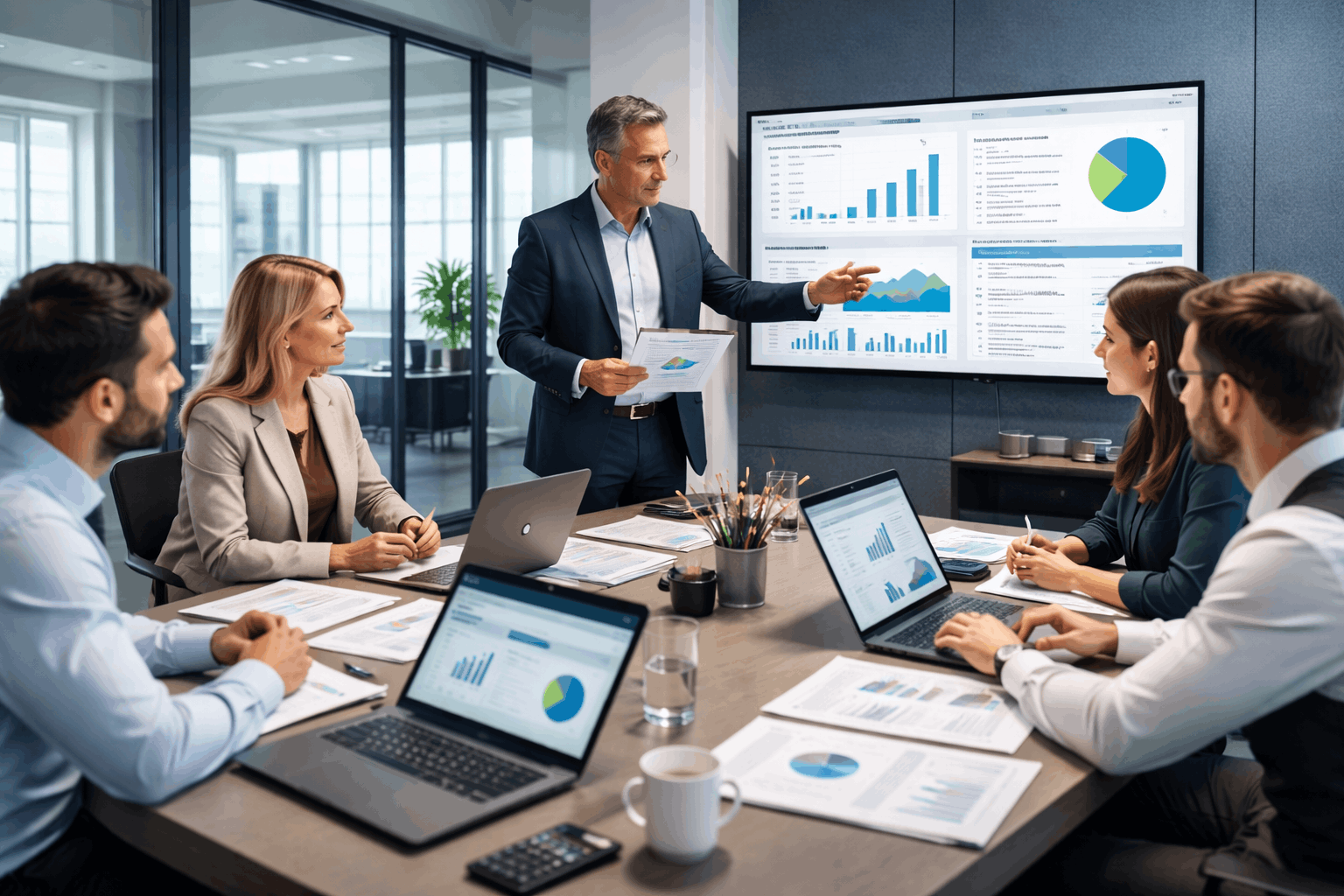 Professionals studying financial controller course skills using financial reports, dashboards and compliance tools in a modern office