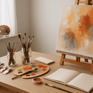 fine art diploma workspace with paints, brushes, easel, canvas and creative studio tools