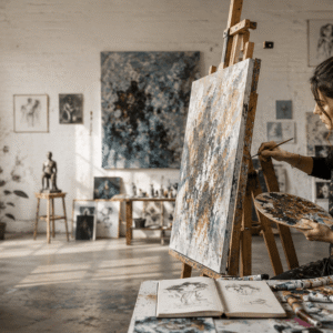 Artist creating paintings and sculptures during Fine Art Diploma training session