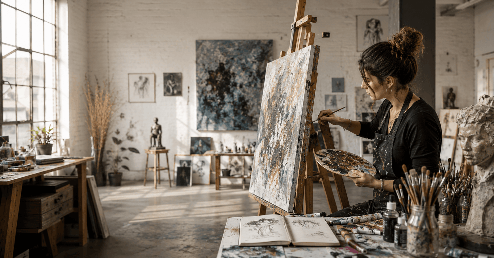 Artist creating paintings and sculptures during Fine Art Diploma training session