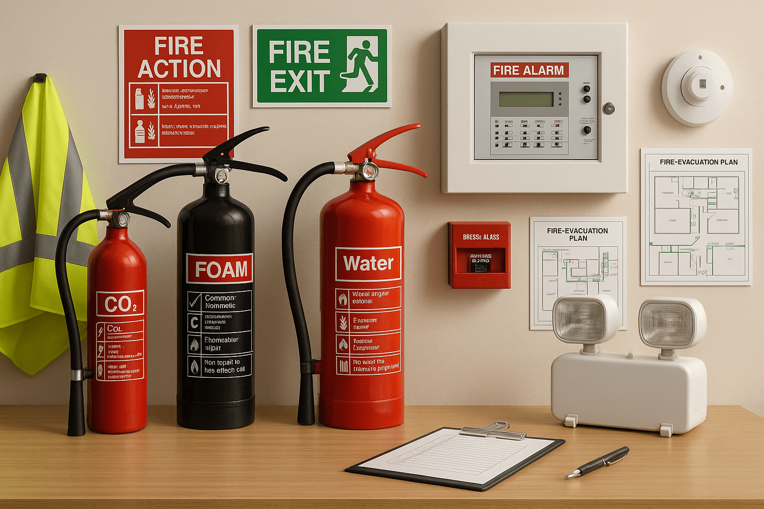 Fire marshal training scene showing safety equipment, alarms, extinguishers, and workplace fire procedures.