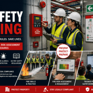 Fire Safety Training showing fire prevention equipment, evacuation planning, and workplace safety procedures